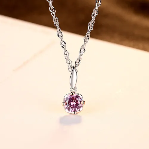 S925 Sterling Silver Pendant Necklace Water Wave Chain With 3A Zircon Purple - Shop at LoveMi