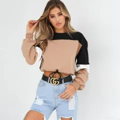 Color Block Top Round Neck Cropped Long Sleeves - Photo Color - View 1