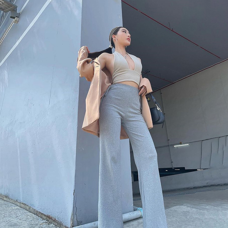 New High-waist Strappy Slim-fit Straight-leg Basic Casual Pants