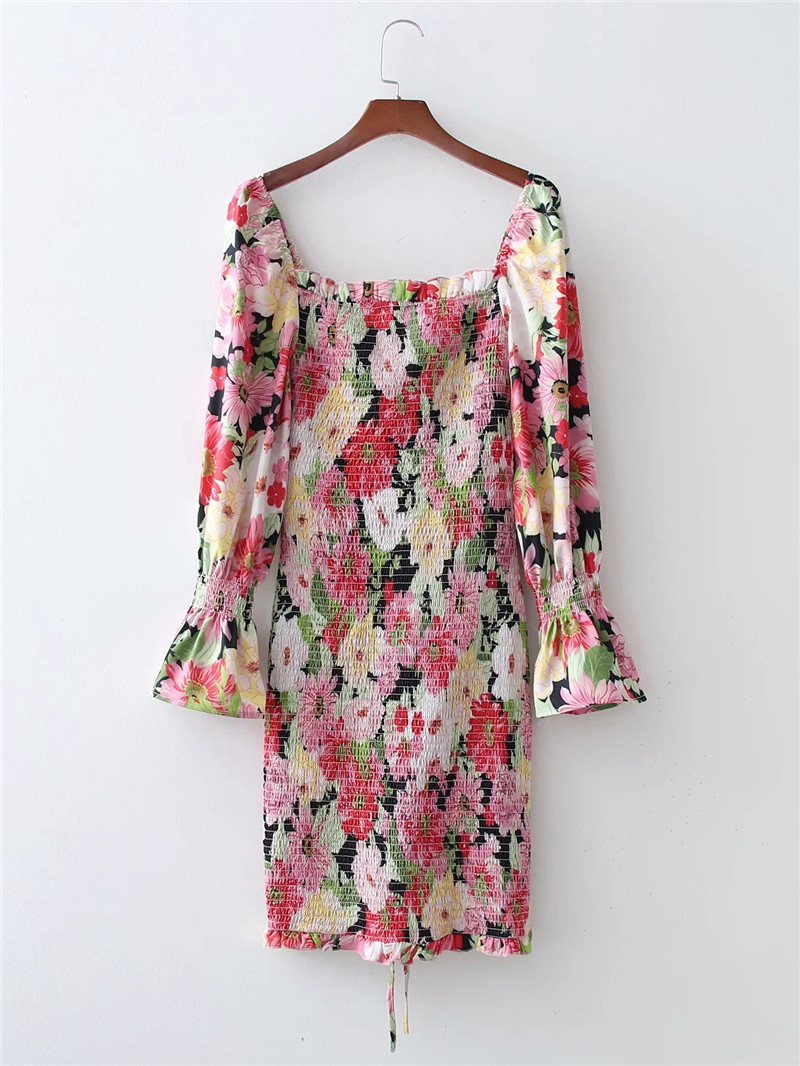One-neck Off-the-shoulder Elastic Drawstring Print Flared Sleeve Dress