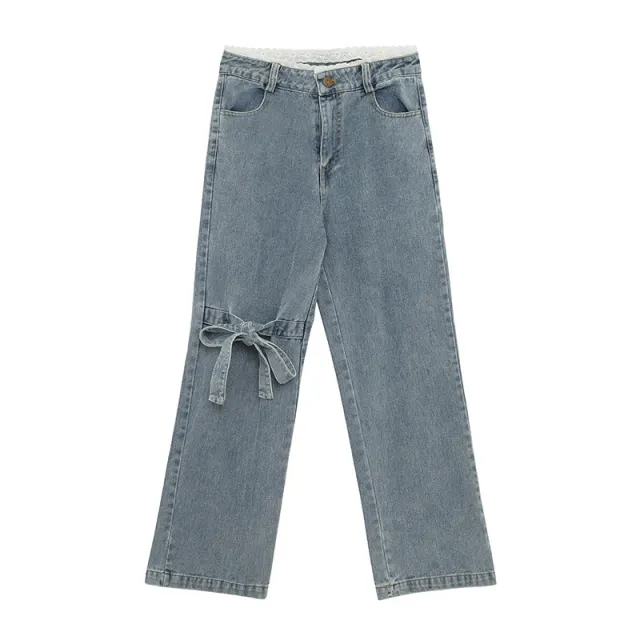 Bow Tie High Waist Denim Sweet Cool Korean Version Light Color - Shop at LoveMi