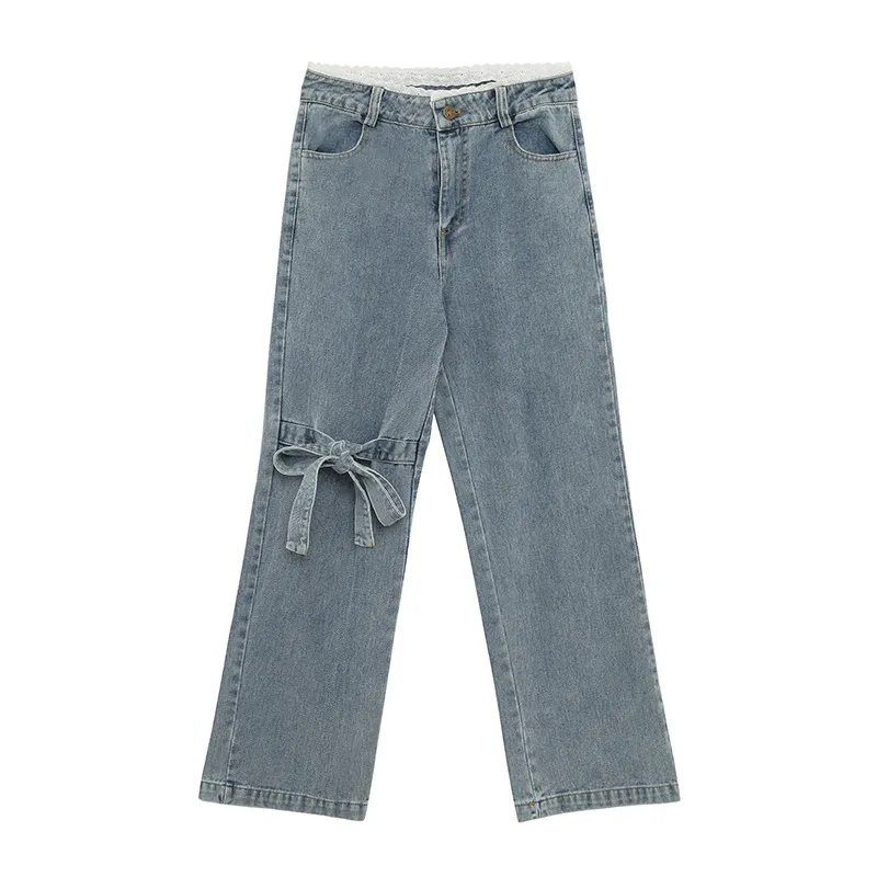 Bow Tie High Waist Denim Sweet Cool Korean Version - Light Colour