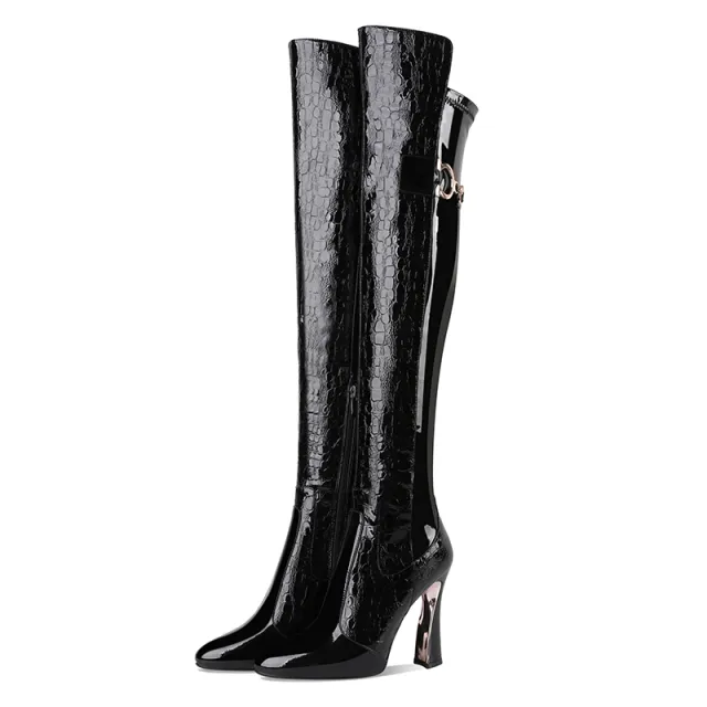 High Heeled Thick Heeled Platform Knee High Knight Boots Pointed High Boots Leather Boots Black - Shop at LoveMi