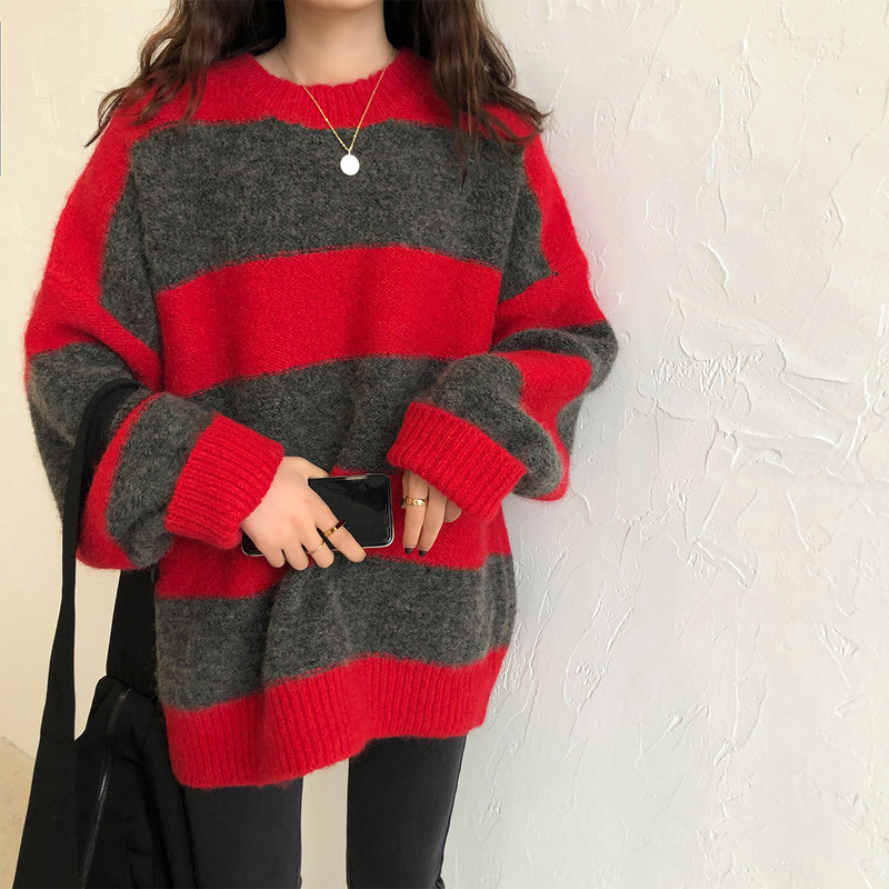 Woherb Women Oversized Thin Sweater Vintage Striped Loose 