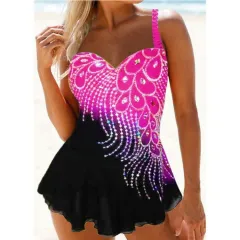 New Bikini, Tube Top, Diamond And Feather Contrast Colour Split Large Size Swimsuit Women - Pink - View 1