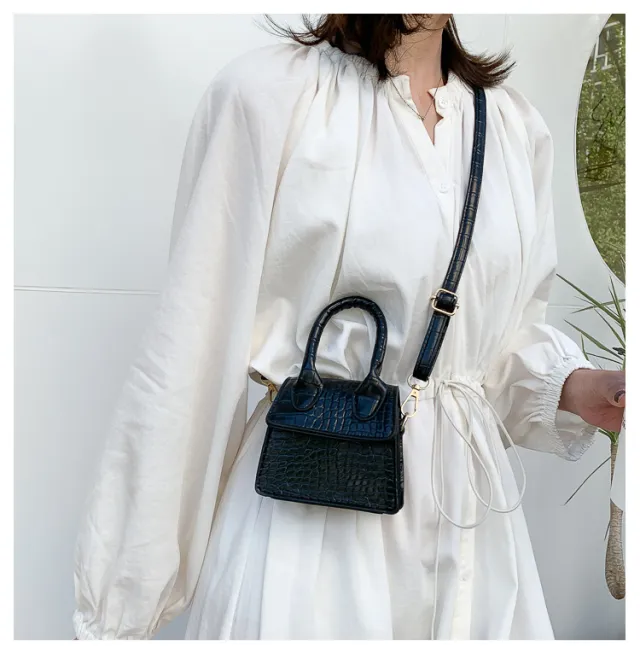 Niche Mini Handbag Stone Pattern Simple Western Style Wild One Shoulder Messenger Lipstick Bag Black - Shop at LoveMi