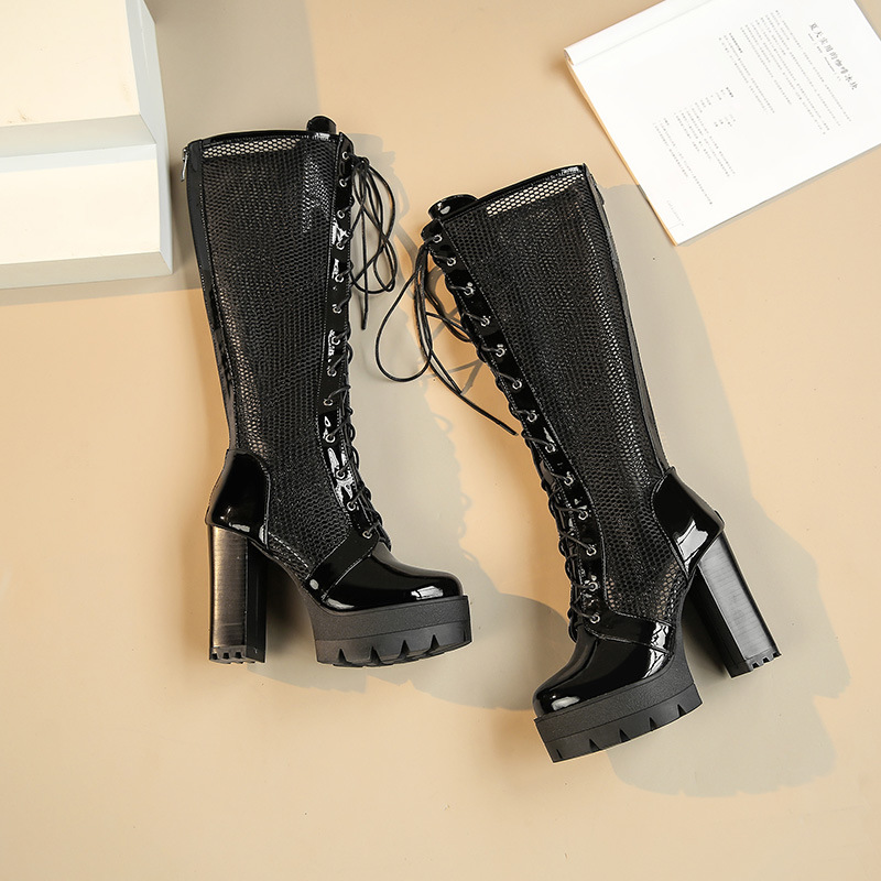 Super High Heel Water Platform Cross Strap Mesh High Boots