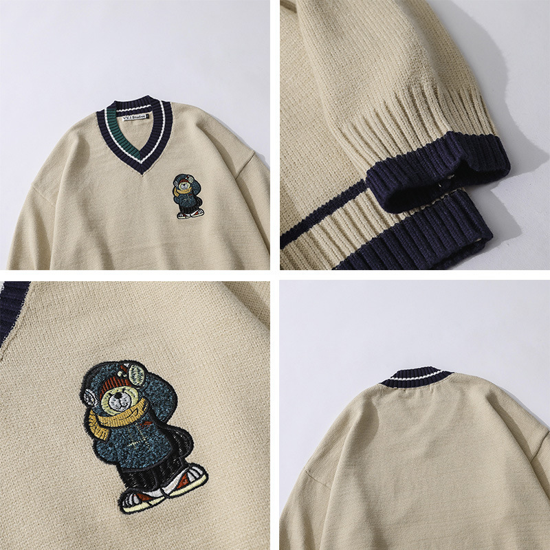  Hong Kong Style Japanese Small College Style Couple Cartoon Bear V-Neck Loose Long-Sleeved Sweater Sweater