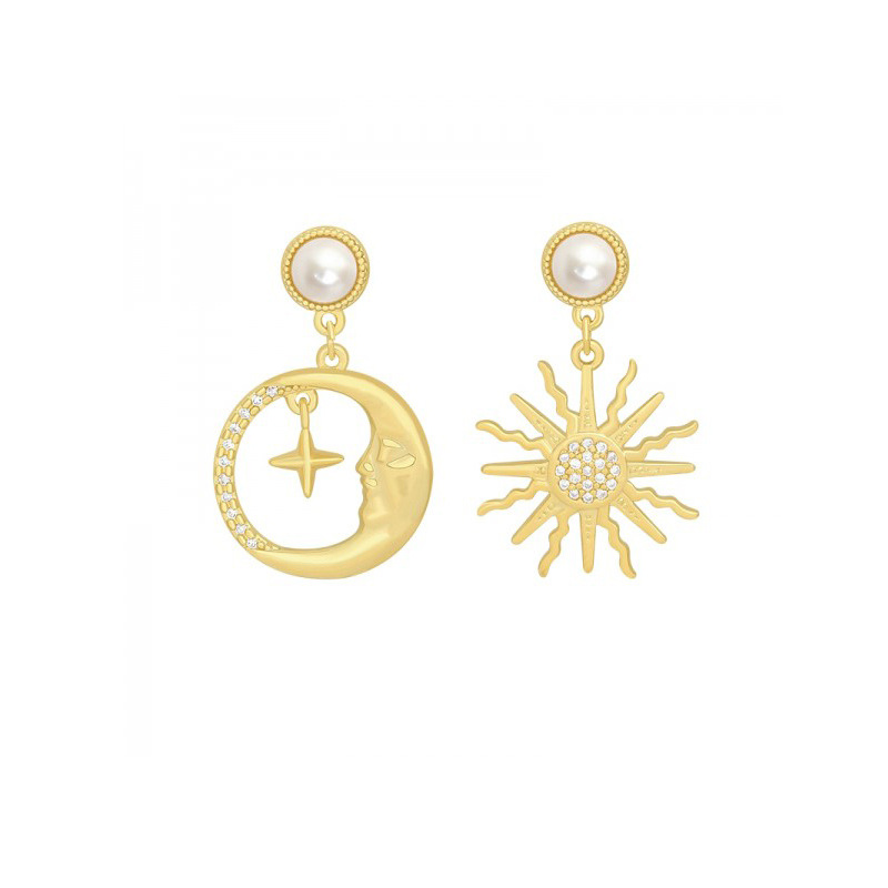 925 Earrings Female Silver Needle Korean Pearl Diamond Sun Moon Star Asymmetrical Earrings Portrait Earrings