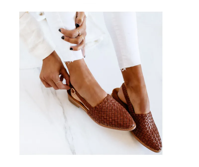 Pointed Toe Cap Buckle Flat Sandals Women - Brown