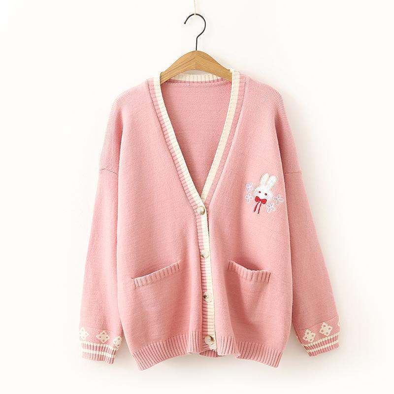 Small Cartoon Embroidery Rabbit V-Neck Sweater Cardigan Women