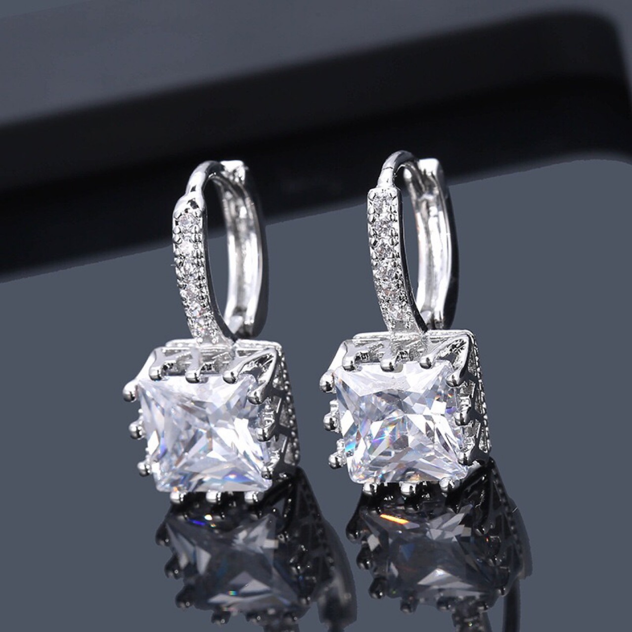 Round Face Slimming Square Zircon Croissant Earrings Female Silver