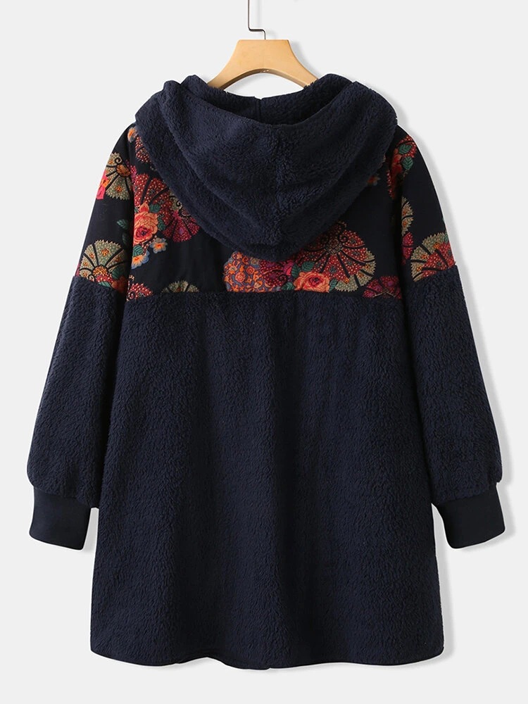 New Style Hooded Zipper Ethnic Printed Long Sleeved Double Sided Fleece Women's Loose Coat