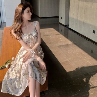 Women"S New Summer French Gentle And Elegant Chiffon Dress With Fragmentary Flower Temperament White - Shop at LoveMi