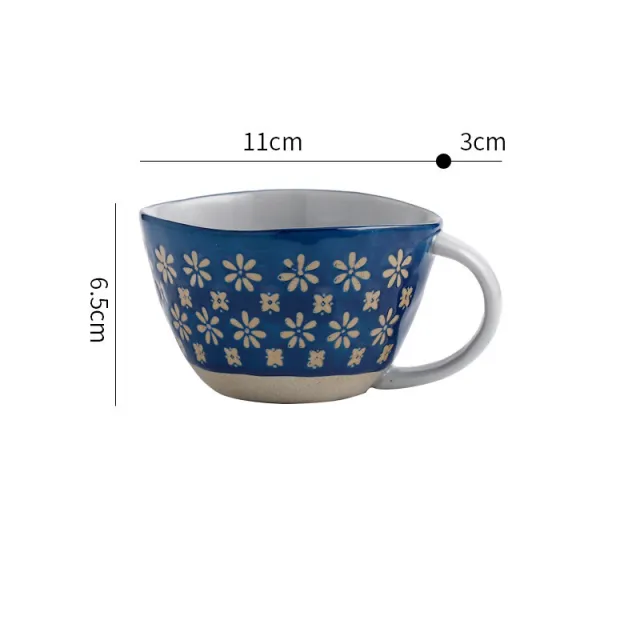 Retro Coffee Cup Ceramic Cup Japanese Garden Tea Cup Water Cup Embossed Stoneware Mug Couple Cup 2Blue Snowflake - Shop at LoveMi
