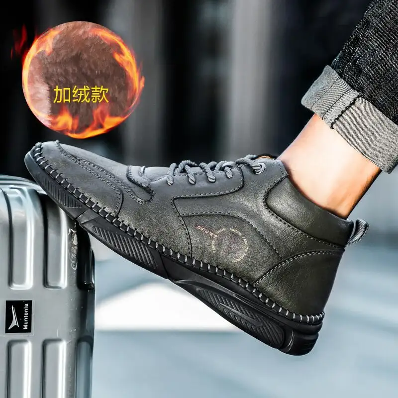 Large Size Shoes Men'S High-Top Front Laces And Velvet Warm Men'S Shoes
