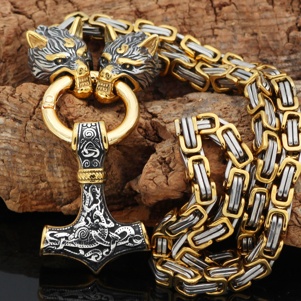 Nordic Culture Wolf Head Two Color Square Buckle Chain Raytheon Hammer Color Matching Domineering Men's Stainless Steel Necklace
