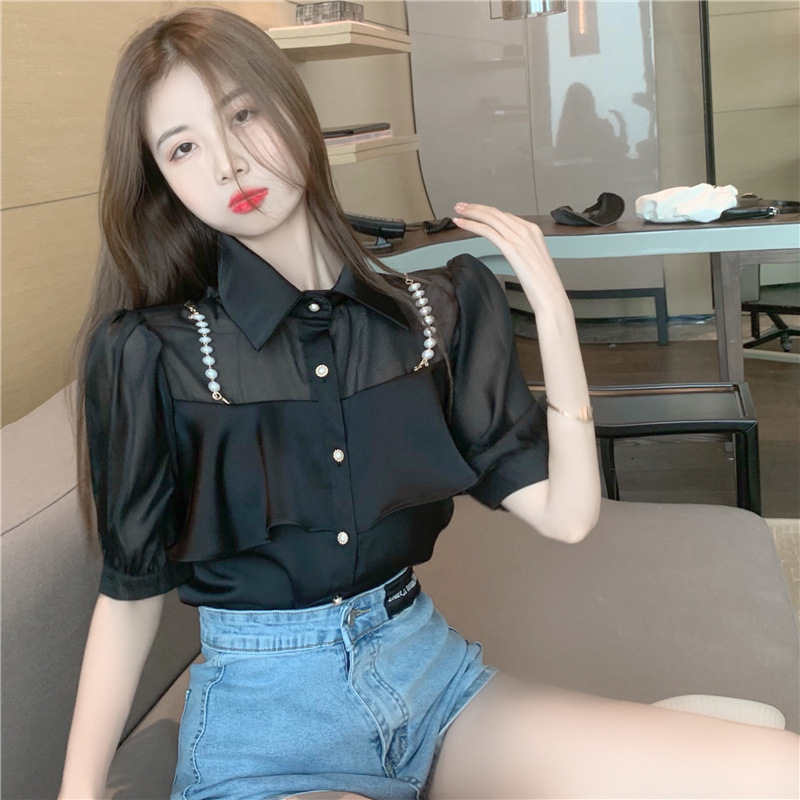 Western Style All-Match Design Pearl Chain Ruffle Stitching Pearl Single-Breasted Shirt Women