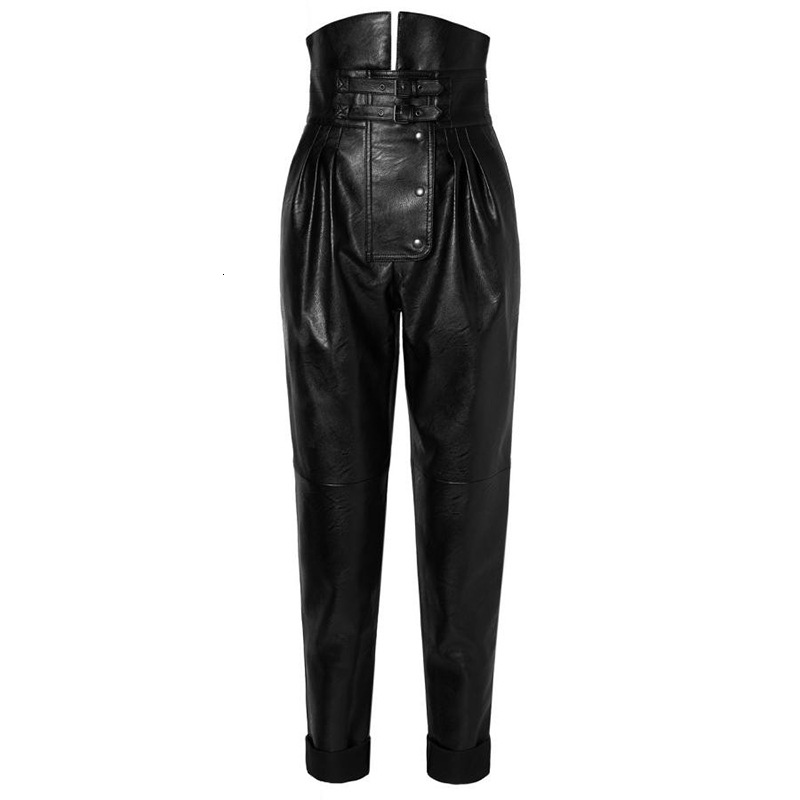 Fashion Temperament Casual High-Waisted PU Leather Slim Tapered Trousers Women Trendy