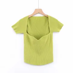 Summer Slim-fit Retro Square Neck Heavy Industry Shoulder Short-sleeved Knitted T-shirt - Green - View 1