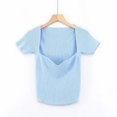Summer Slim-fit Retro Square Neck Heavy Industry Shoulder Short-sleeved Knitted T-shirt - Blue - View 1
