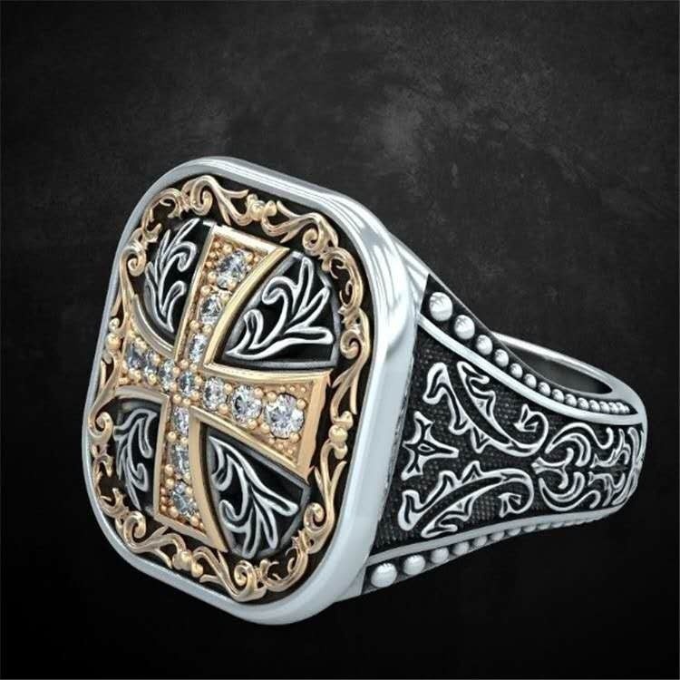 Two-Tone Cross Vintage Pattern Carved Ring