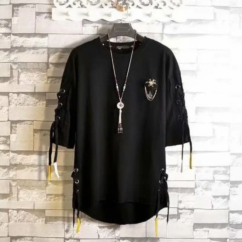Summer Hip-hop Webbing Short-sleeved T-shirt Male Korean Style Trendy Brand Loose T-shirt
