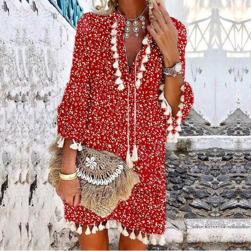 Temperament Commuter Printed Small Stone V-Neck Tassel Dress