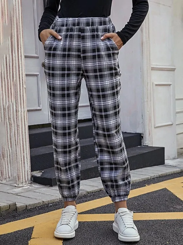 Women's Fashion Plaid Beam Loose Feet Casual Pants - Black