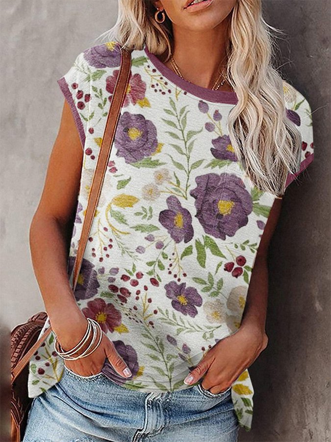 Plus Size Summer V-neck Sleeveless T-shirt Pullover Print Women's Top