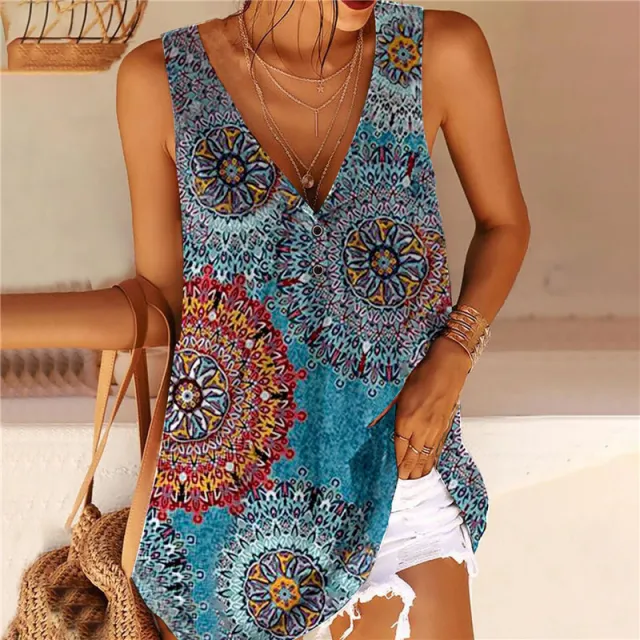 European And American Women's Printed V neck Button Sleeveless Vest Blouse Blue - Shop at LoveMi