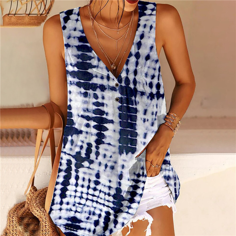 European And American Women's Printed V neck Button Sleeveless Vest Blouse Navy - Shop at LoveMi