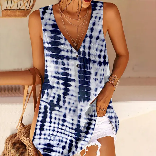 European And American Women's Printed V neck Button Sleeveless Vest Blouse Navy - Shop at LoveMi