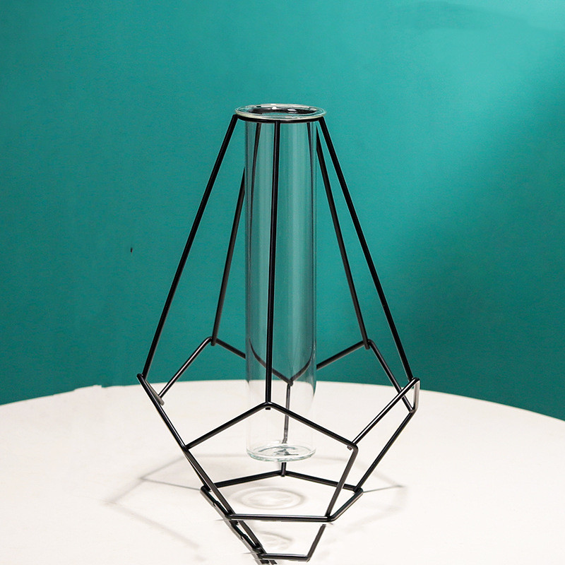 Nordic Minimalist Wrought Iron Geometric Glass Test Tube Hydroponic Vase Home Desktop Decoration Geometric Bottle Black - Shop at LoveMi
