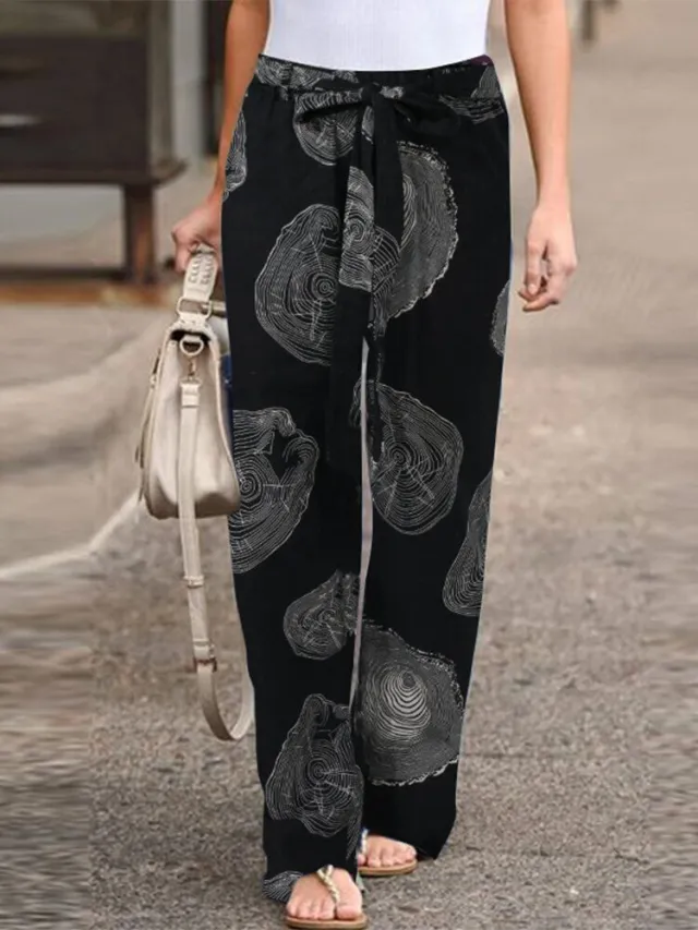 Autumn Fashion Printed Loose Pants Elastic Belt Wide Leg Pants Black - Shop at LoveMi