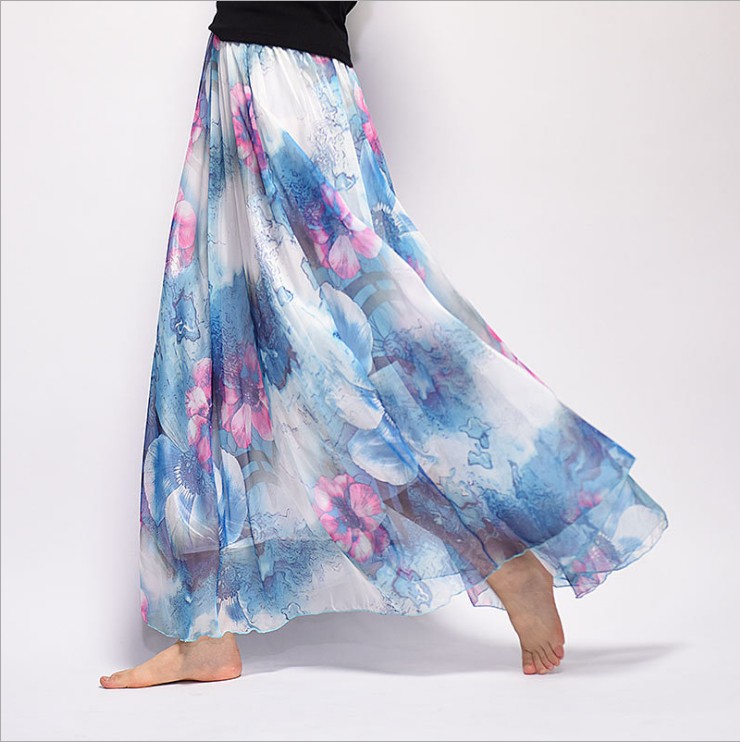 Bohemian Printed Chiffon Mid Length Skirt, Floral Skirt, A Line Skirt, Large Swing Female Skirt, Beach Long Skirt H - Shop at LoveMi