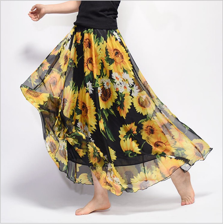 Bohemian Printed Chiffon Mid Length Skirt, Floral Skirt, A Line Skirt, Large Swing Female Skirt, Beach Long Skirt N - Shop at LoveMi