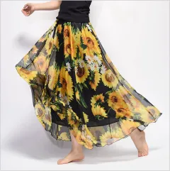 Bohemian Printed Chiffon Mid-Length Skirt, Floral Skirt, A-Line Skirt, Large Swing Female Skirt, Beach Long Skirt - N - View 1