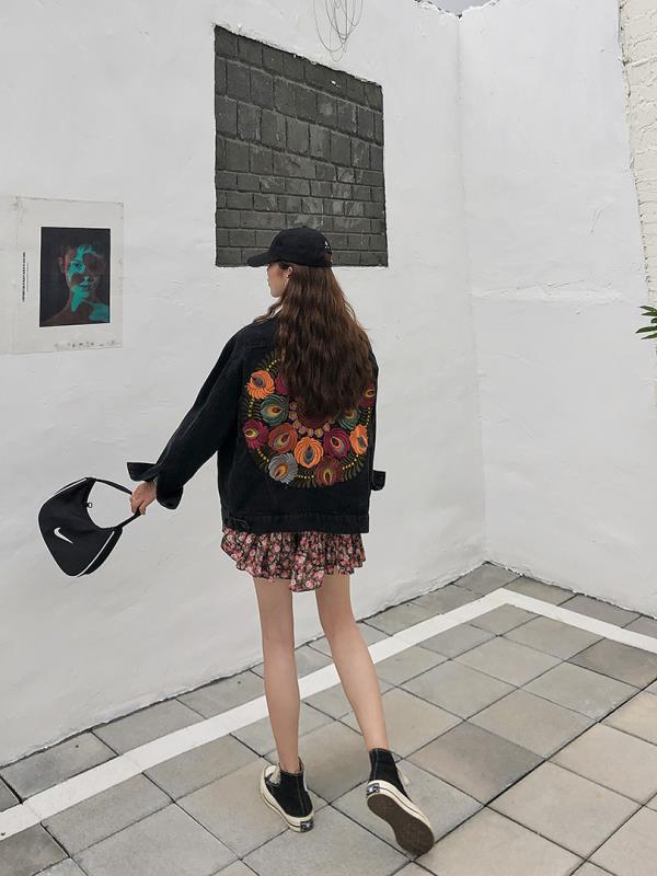British Style Loose Leisure Plant Flower Ben Embroidery Retro Denim Jacket