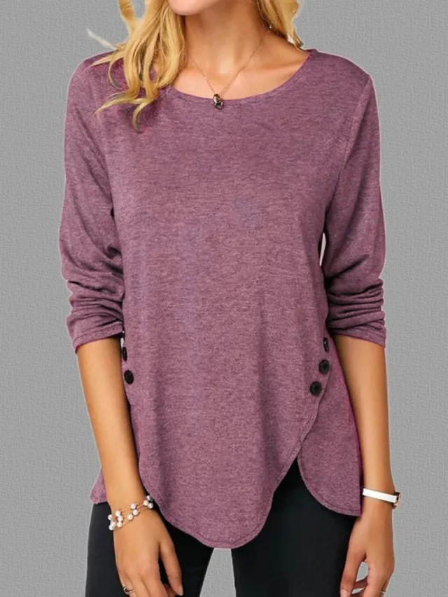 Spring And Summer Hot Style Irregular Button Hem Long Sleeve Round Neck T shirt Purple - Shop at LoveMi