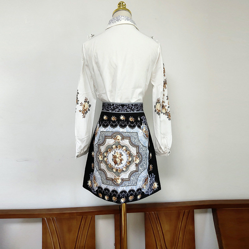 Royal Sister Temperament Suit Women Retro Print Long-Sleeved Shirt Short Skirt Western Style Two-Piece Suit