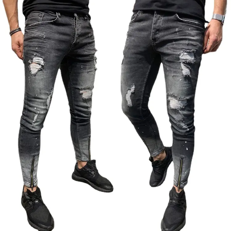 The New Fashion Ripped Youth Clothes Zipper ElasticFeet Js