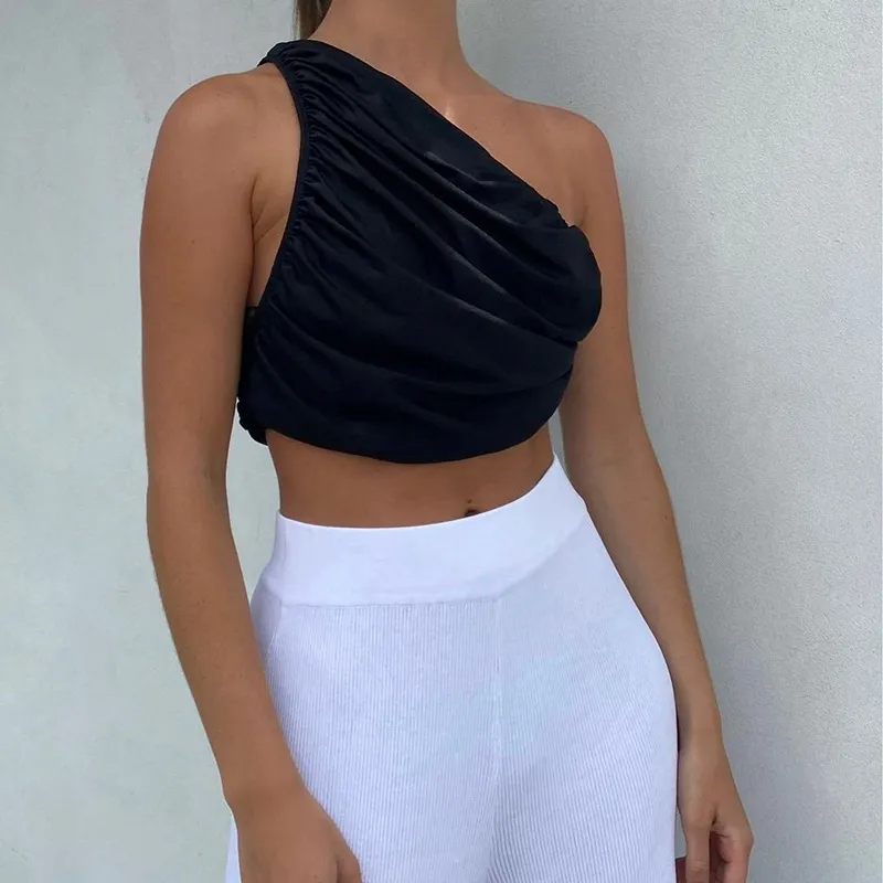 One Shoulder Crop Top Women Sexy Sleeveless Ruched Tank Top Summer White Black Blue Orange Plain Short Tanks Camis - Black