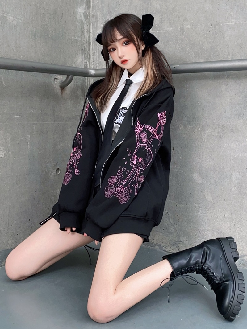 Cute Soft Girl College Style Embroidery Japanese Girl Loose Hooded Sweater Cardigan Jacket
