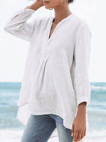 Women's Cotton And Linen Solid Color Front Short And Back Long Shirt