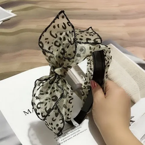 Headdress Fine Mesh Hairpin Broad Border Bow Tie Headband Lace Japan And South Korea Toothed Hairband Hair Hole Adult - Leopard Grey