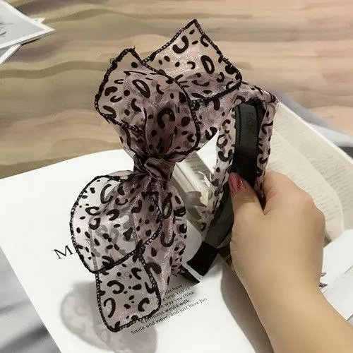 Headdress Fine Mesh Hairpin Broad Border Bow Tie Headband Lace Japan And South Korea Toothed Hairband Hair Hole Adult Leopard Pink - Shop at LoveMi