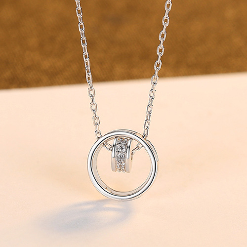 Sterling Silver Pendant Necklace Women'S Korean Suya Micro Inlaid Zircon Double Ring Necklace