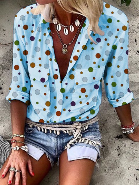 Printed Polka Dot Shirt Women's V Neck Long Sleeve Double Pocket Shirt