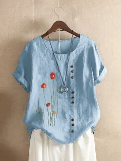 Round Neck Pullover Embroidered Short Sleeved T Shirt Loose Plus Size Women's Clothing - Blue - View 1